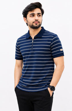 Premium Navy Striped Zip Polo Shirt