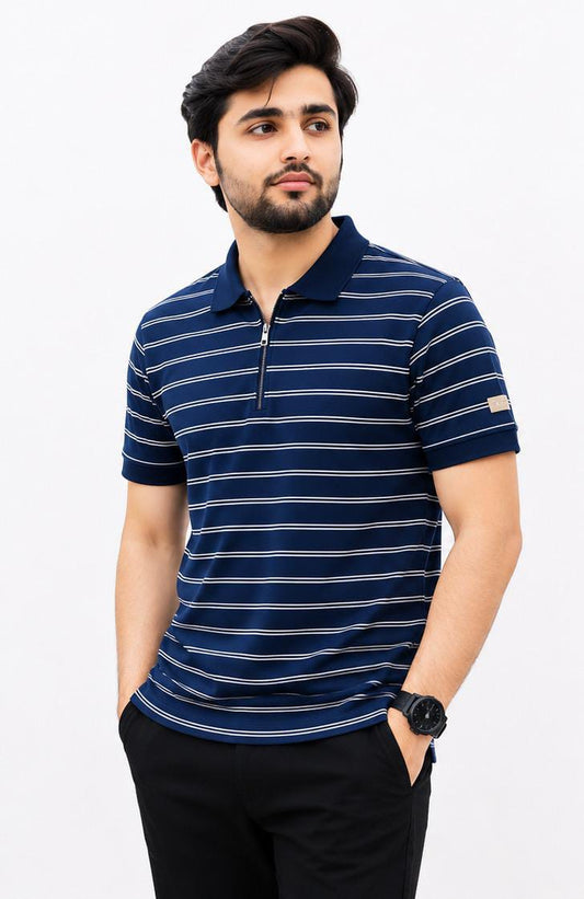 Premium Navy Striped Zip Polo Shirt