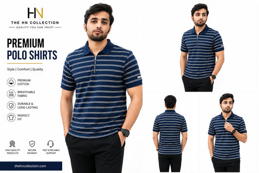 Premium Navy Striped Zip Polo Shirt