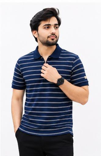 Premium Navy Striped Zip Polo Shirt