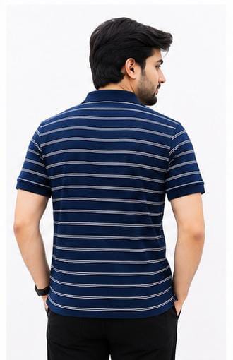Premium Navy Striped Zip Polo Shirt